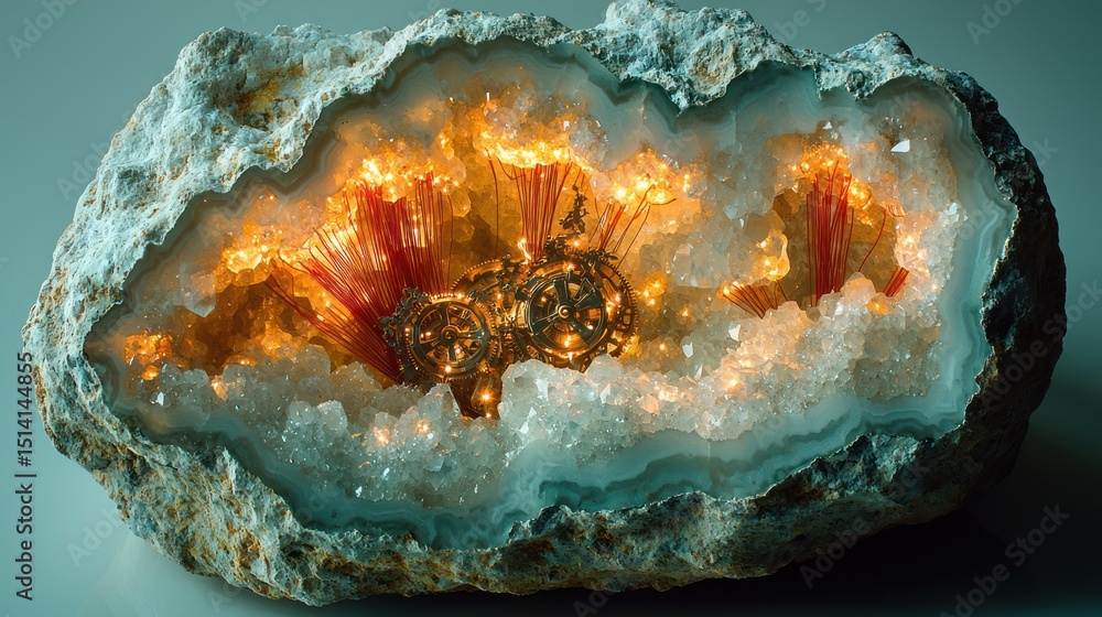 Poster illuminated geode with intricate clockwork mechanism