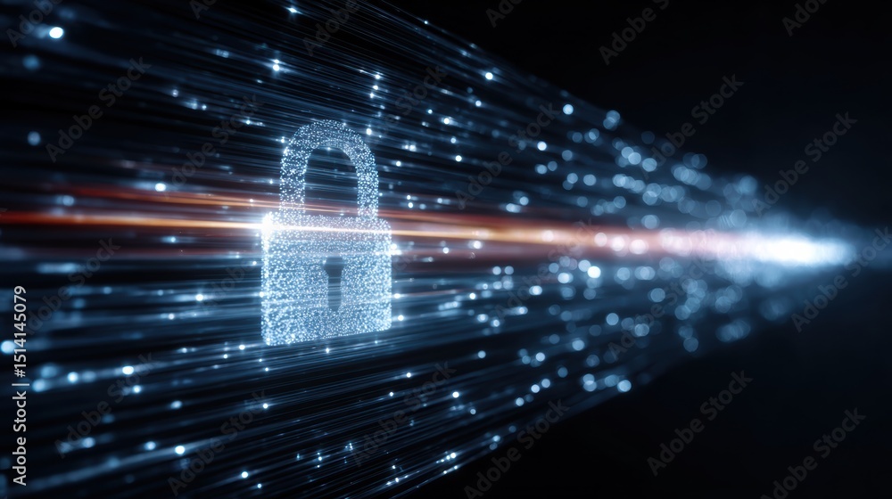 Poster digital padlock symbolizing cybersecurity amidst a flow of data in a futuristic background.
