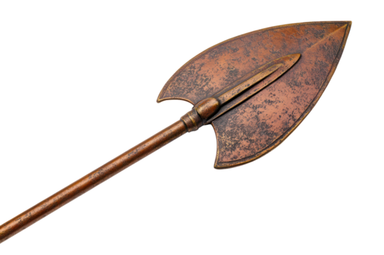 Antique Metal Arrowhead with Wooden Shaft and Tip, Rusted Point for Decoration or Historical Reenactment, Close-Up View of Ancient Weapon Component