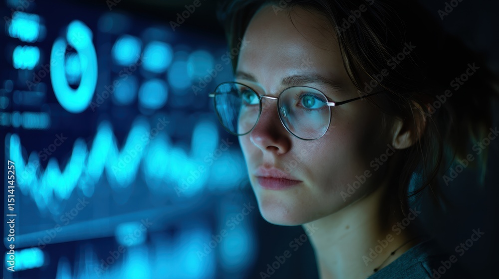 Poster focused individual analyzing digital data on a futuristic display, showcasing the intersection of te