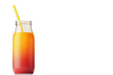 Fototapeta premium Refreshing Gradient Orange to Red Fruit Juice in Glass Bottle with Yellow Drinking Straw on White Background