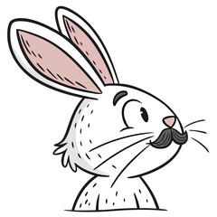 A charming rabbit sporting a distinctive mustache is illustrated in a quirky doodle style