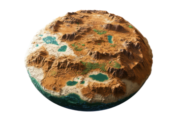 Detailed miniature desert landscape with rugged terrain, small lakes, varied elevations, and realistic textured surfaces for architectural models or amas