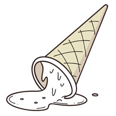 A fallen ice cream cone lies on the ground with soft serve ice cream melting around it highlighting a whimsical and messy dessert moment