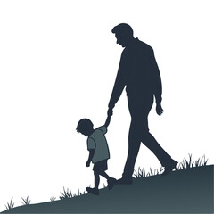 A young Indian man holds hands with his child while walking along a grassy hill celebrating Fathers Day and cherishing precious moments together in nature