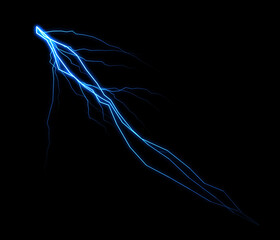 A vibrant blue lightning bolt illuminates the dark night sky, capturing a moment of raw electrical power.