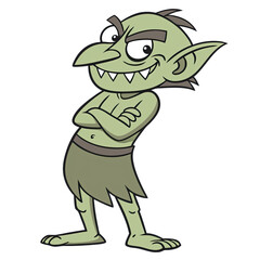 Whimsical goblin character stands confidently with crossed arms showcasing green skin pointed ears and a mischievous smile against a plain background