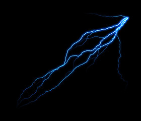 Powerful electric blue lightning discharge against black.