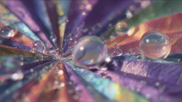 Magnified droplets of uv activated resin cure and bond layers of iridescent origami paper, showcasing a mesmerizing interplay of light, texture, and material transformation