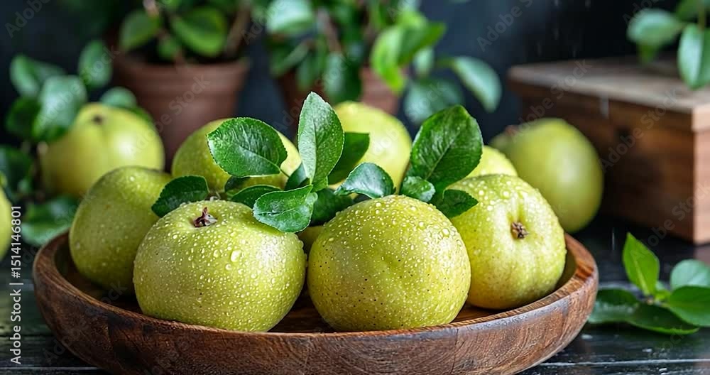 Poster close up shot of green apples in a wooden bowl on a wooden table with a dark background. the image i