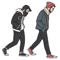 Two hipster characters stroll down a city sidewalk showcasing urban fashion in the afternoon chill with beanie hats and stylish coats