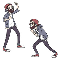 Two hipster characters express emotions through dynamic poses capturing a playful yet intense atmosphere in a unique violet art style