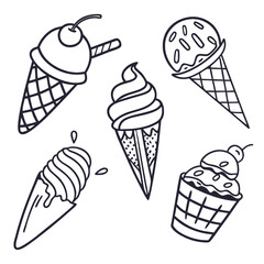 Collection of hand drawn ice cream doodles showcasing different cone types and toppings perfect for creative designs and artistic projects related to desserts
