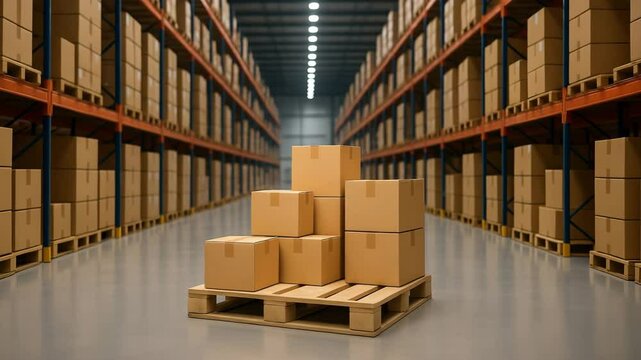 Caixas de papel&atilde;o de encomendas no centro de um armaz&eacute;m moderno, conceito de log&iacute;stica e entrega delivery.