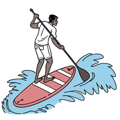 Stand up paddle boarder navigates the ocean waves during a sunny summer day enjoying the refreshing outdoor activity while staying fit and relaxed