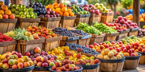 Obraz premium Vibrant display of assorted fresh fruits in wooden baskets at a farmers market, showcasing a colorful and healthy harvest
