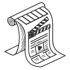 A unique vector representation of a paper scroll featuring a clapperboard ideal for use in logo design and clip art for creative projects and presentations