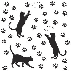 Playful cats are designed in a seamless pattern with scattered paw prints perfect for art projects and fabric designs showcasing a whimsical feline theme