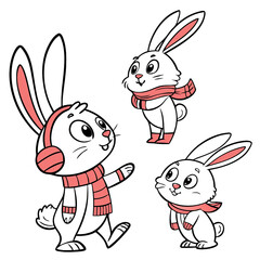 Three adorable bunnies are depicted wearing scarves and earmuffs enjoying winter activities. Their cheerful expressions capture the joy of the snowy season
