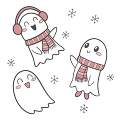 Three adorable ghosts with smiles and winter scarves dance joyfully amidst delicate snowflakes embodying the spirit of winter with playful accessories and charm