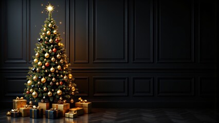 Elegant Christmas Tree with Gold Decorations and Gift Boxes in Luxury Interior