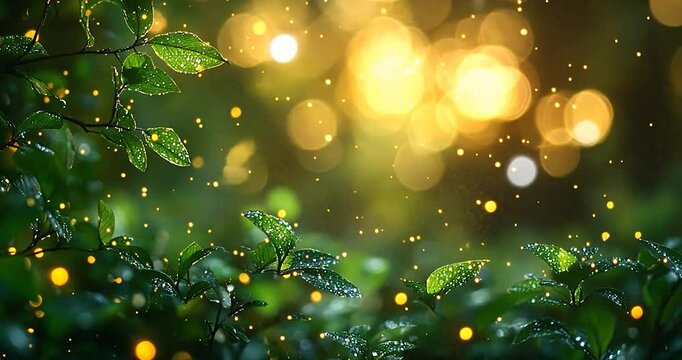 Close-up of lush green foliage with raindrops and golden bokeh background. Featuring light rays and a focus on details. Ideal for illustrating nature and serenity