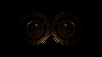 Two gold interlocking gear wheels with detailed mechanical 3D design and metallic finish