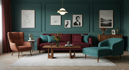 Modern Living Room Interior with Luxury Furniture and Teal Walls