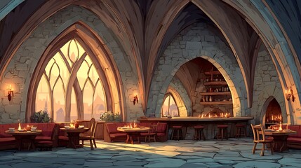 Medieval Tavern at Sunset: A Digital Painting of a Cozy Inn