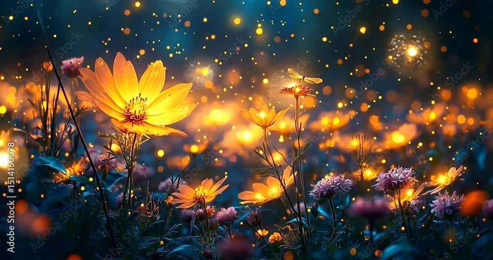 Poster a close up shot of a field of flowers with an amazing golden glow, and a butterfly floating in the a