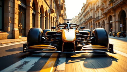 Formula Race Car Speeding Through Historic City Street at Sunset