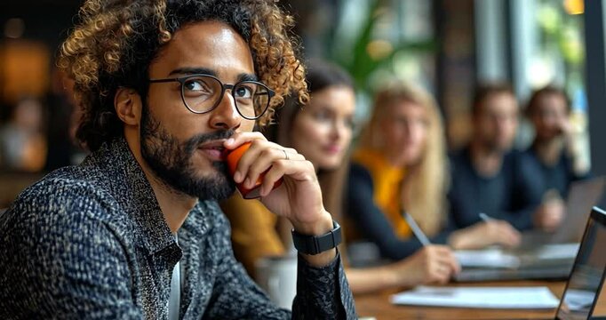 A close-up of a person in glasses and a patterned shirt is sitting in a meeting. The person is in a meeting room with other people behind him. A cup and computer are on the table