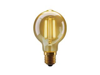 Retro nostalgic light bulb glowing softly isolated on transparent background