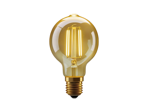 Retro nostalgic light bulb glowing softly isolated on transparent background