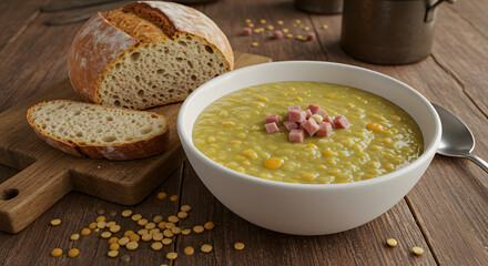 Rustic Split Pea Soup with Ham Served in Clay Bowl with Artisan Bread on Wooden Table