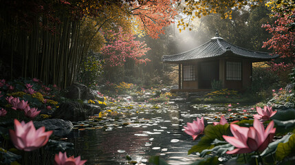 Serene Japanese Garden with Lotus Flowers and Pagoda at Tranquil Riverside