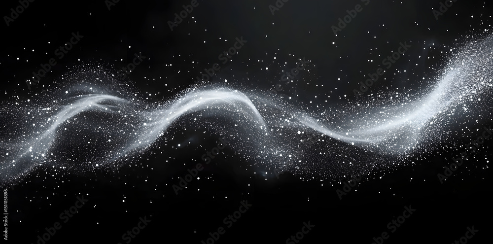 Poster abstract image of white particles flowing dynamically on a black background creating a wavy motion. 