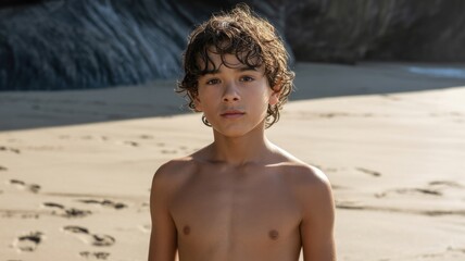 Young hispanic boy standing on sandy beach with ocean background