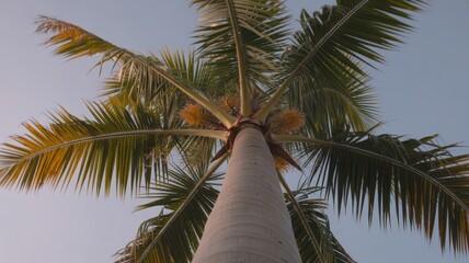 Tall palm tree against blue sky viewed from below