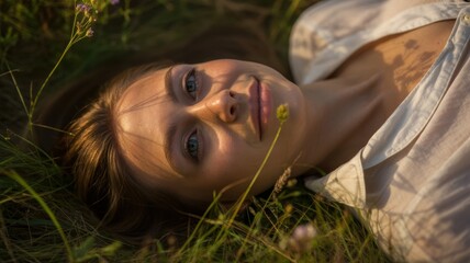 Caucasian young female relaxing in grass with sunlit face and flowers