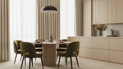 Elegant minimalist dining room with modern furniture and soft lighting