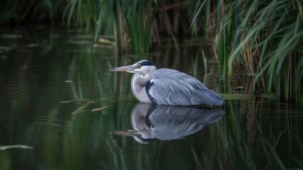 Great blue heron resting by reeds in tranquil wetland reflection scene