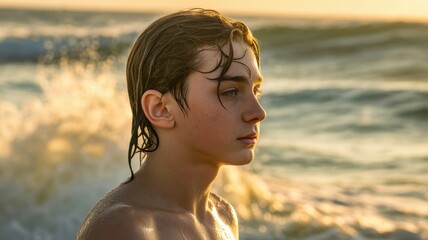 Young caucasian male teen at golden hour by the ocean waves