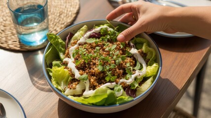 Hand garnishing quinoa salad with yogurt and greens on wooden table in sunlight