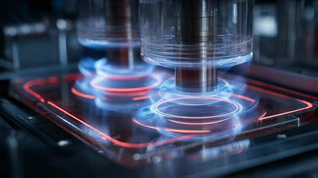 Innovative engineering uses magnets and coils in a magnetic levitation mechanism, creating smooth and even casting visible through a transparent surface