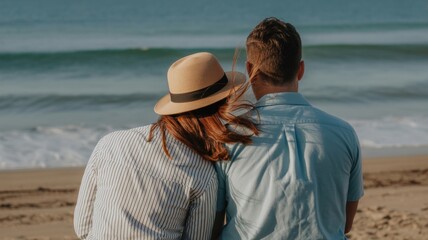 Romantic beach moment: young caucasian couple enjoying ocean view on a sunny day