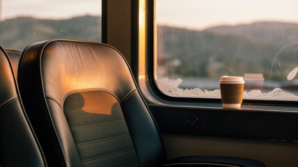 Sunlit empty train seats with coffee cup by window at sunset