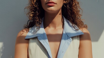 Confident young caucasian female in stylish blue-collared outfit