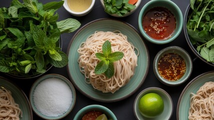 Vietnamese noodle dish with fresh mint and assorted ingredients
