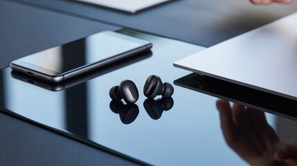 Sleek wireless earbuds on mirror surface with smartphone and laptop